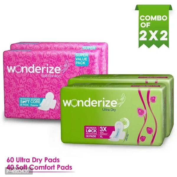 Wonderize Ultra Dry Anti leak XL with 3x Absorption (60 Pads) + Soft Comfort Regular Size Sanitary Napkins (40 Pads) - Combo Pack