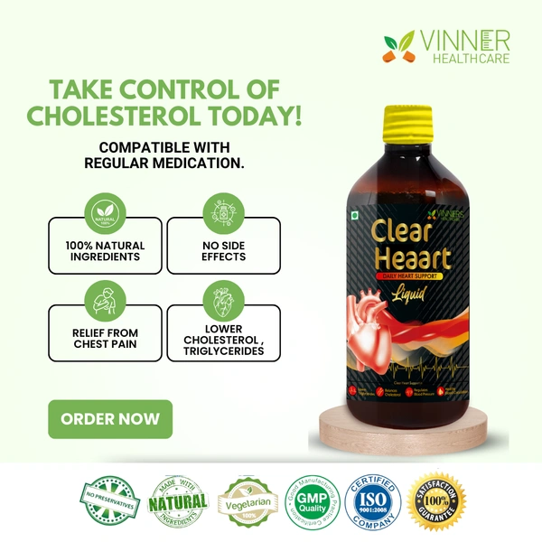 Clear Heaart Liquid for Lower Cholesterol Made with Raw, Unfiltered, Unpasteurized Apple Cider Vinegar with Mother, Honey with Fresh juice of Ginger, Garlic, Lemon, No Preservatives No Water added.