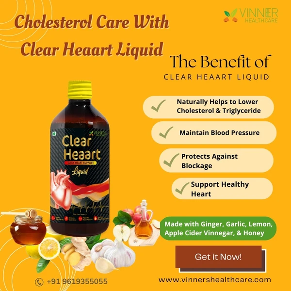 Clear Heaart Liquid for Lower Cholesterol Made with Raw, Unfiltered, Unpasteurized Apple Cider Vinegar with Mother, Honey with Fresh juice of Ginger, Garlic, Lemon, No Preservatives No Water added. - 3 Month Supply | 4 Bottle Pack X 450 ML Each