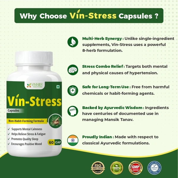 Vin-Stress Capsules – Ayurvedic Calm for Stress, Sleep & Mood Balance - 2 Bottles X 60 Capsules