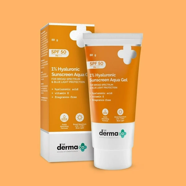 The Derma Co 1% Hyaluronic Sunscreen Aqua Gel with SPF 50 & PA++++ - 80g Lightweight & Quick Absorbing | No White Cast