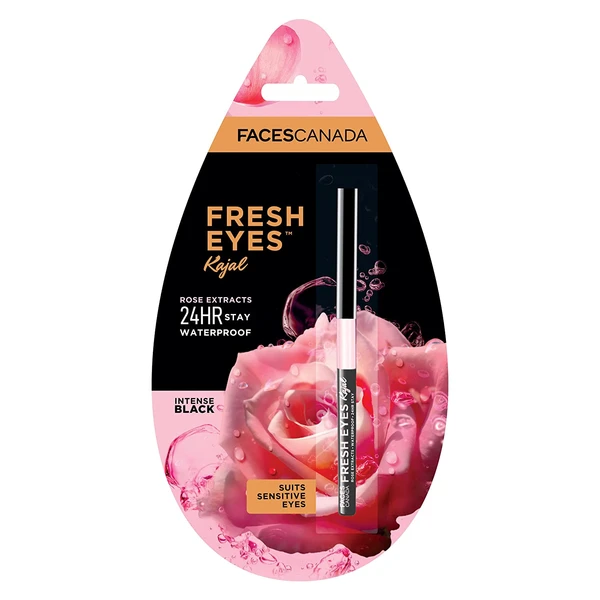 Faces Canada Fresh Eyes Kajal 0.35G With Rose Extracts, 24Hr Waterproof Suits Sensitive Eyes, Intense Black Matte Finish, Soothes & Cools, Refreshes Tired Eyes, Smudgeproof, Vegan