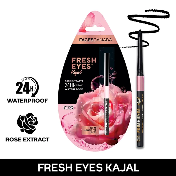 Faces Canada Fresh Eyes Kajal 0.35G With Rose Extracts, 24Hr Waterproof Suits Sensitive Eyes, Intense Black Matte Finish, Soothes & Cools, Refreshes Tired Eyes, Smudgeproof, Vegan