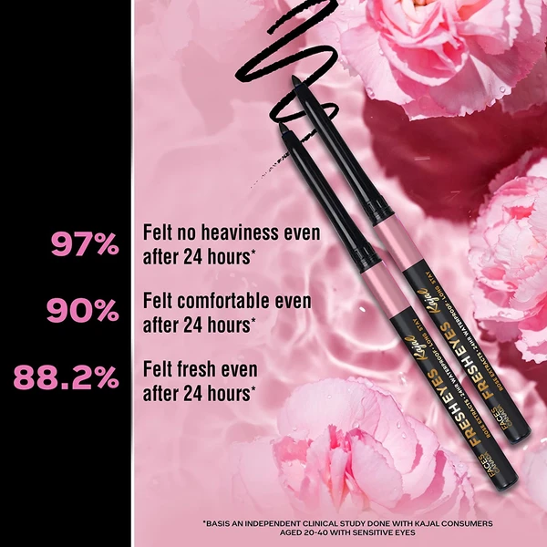 Faces Canada Fresh Eyes Kajal 0.35G With Rose Extracts, 24Hr Waterproof Suits Sensitive Eyes, Intense Black Matte Finish, Soothes & Cools, Refreshes Tired Eyes, Smudgeproof, Vegan