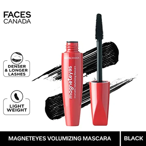 Faces Canada Magneteyes Dramatic Volumizing Mascara - Black, 9.5Ml | Lightweight, Denser & Longer Lashes | Intense Black Finish | Adds Volume | Easy Wash | No Clumping | Cruelty Free