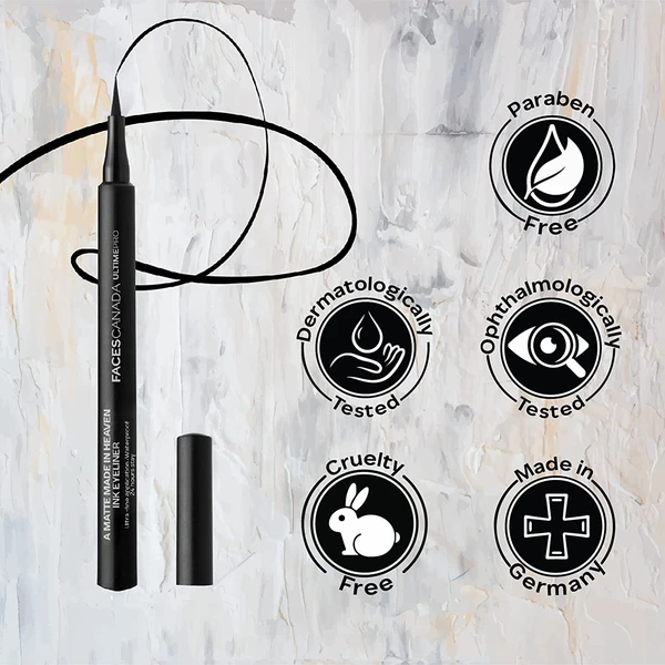 Faces Canada Ultime Pro A Matte Made in Heaven Ink Eyeliner - Black, 1.2 ml | Felt Tip Pen Liner For Ultra Fine Application | 24 Hr Long Stay Formula | Waterproof, Smudgeproof & Transferproof