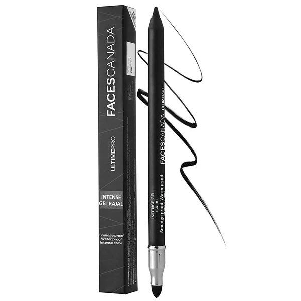 Faces Canada Ultime Pro Intense Gel Kajal With Smudger & Sharpener - Black, 1.2 g | 24 Hr Long Stay | Waterproof & Smudgeproof | One Swipe Smooth Application | 3-in-1 Kajal, Eyeliner, Smokey Eyeshadow