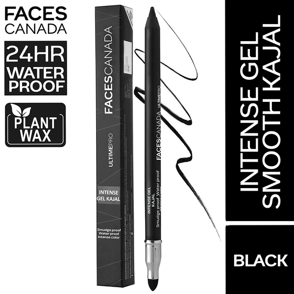 Faces Canada Ultime Pro Intense Gel Kajal With Smudger & Sharpener - Black, 1.2 g | 24 Hr Long Stay | Waterproof & Smudgeproof | One Swipe Smooth Application | 3-in-1 Kajal, Eyeliner, Smokey Eyeshadow