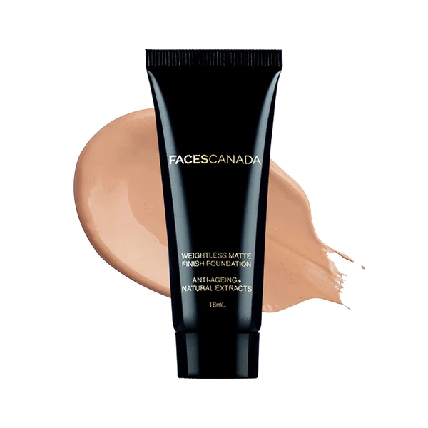 Faces Canada - Weightless Matte Finish Foundation - Sand 04, 18Ml Ultra Blendable Smooth Texture, Natural Matte Finish, Anti-Ageing, Grape Extract, Shea Butter, Olive Seed Oil Enriched