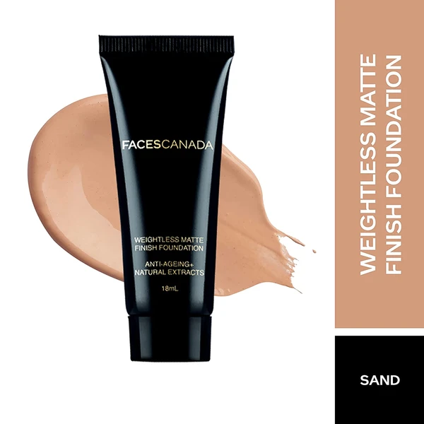 Faces Canada - Weightless Matte Finish Foundation - Sand 04, 18Ml Ultra Blendable Smooth Texture, Natural Matte Finish, Anti-Ageing, Grape Extract, Shea Butter, Olive Seed Oil Enriched