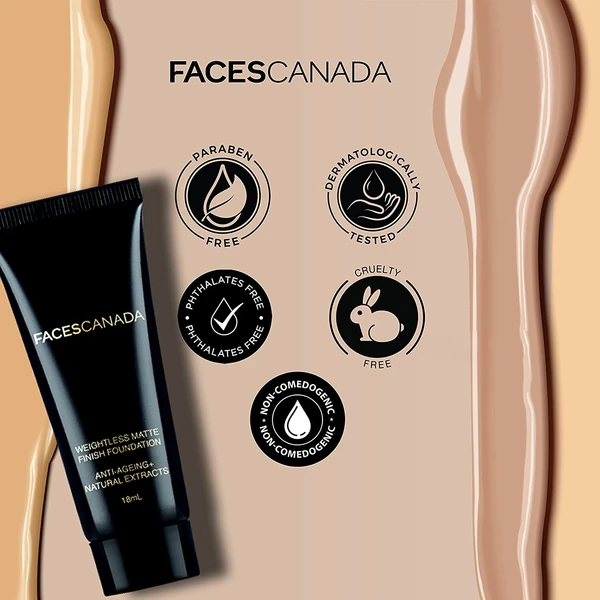 Faces Canada - Weightless Matte Finish Foundation - Sand 04, 18Ml Ultra Blendable Smooth Texture, Natural Matte Finish, Anti-Ageing, Grape Extract, Shea Butter, Olive Seed Oil Enriched