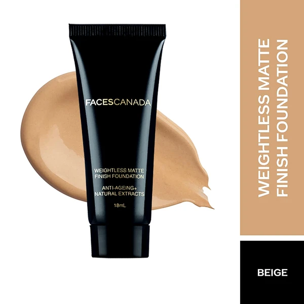 Faces Canada Weightless Matte Finish Foundation - Beige 03, 18Ml Ultra Blendable Smooth Texture, Natural Matte Finish, Anti-Ageing, Grape Extract, Shea Butter, Olive Seed Oil Enriched