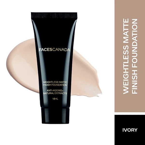 Faces Canada Weightless Matte Finish Foundation - Ivory 01, 18ml Ultra Blendable Smooth Texture, Natural Matte Finish, Anti-Ageing, Grape Extract, Shea Butter, Olive Seed Oil Enriched