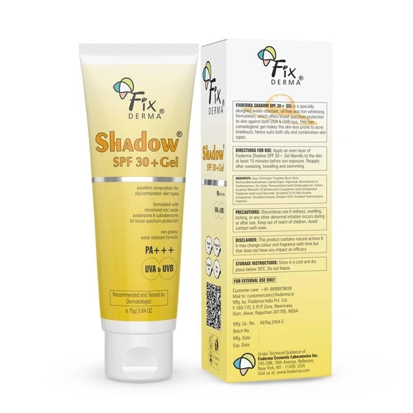 Fixderma Shadow Sunscreen SPF 30+ Gel PA+++ | Sunscreen for Oily Skin | Sun Screen Protector SPF 30 | Sunscreen for Body & Face | Broad Spectrum Sunscreen for UVA & UVB Protection | Sunscreen for Women & Men | Non Greasy & Water Resistant