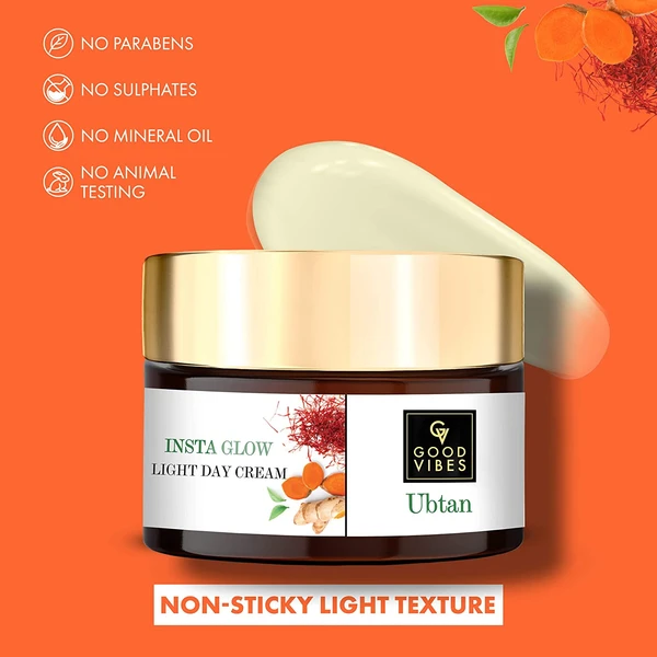 Good Vibes Ubtan Insta Glow Light Day Cream, 50 G | Brightening Nourishing Hydrating Face Moisturizer For All Skin Types | With Turmeric, Saffron, Vitamin B3 | No Parabens, Sulphates &amp; Mineral Oil