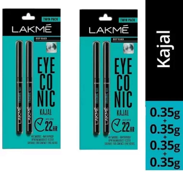 Lakme Eyeconic Kajal Twin Pack (Deep Black, Matte Finish, 1.4 g), Pack of 2