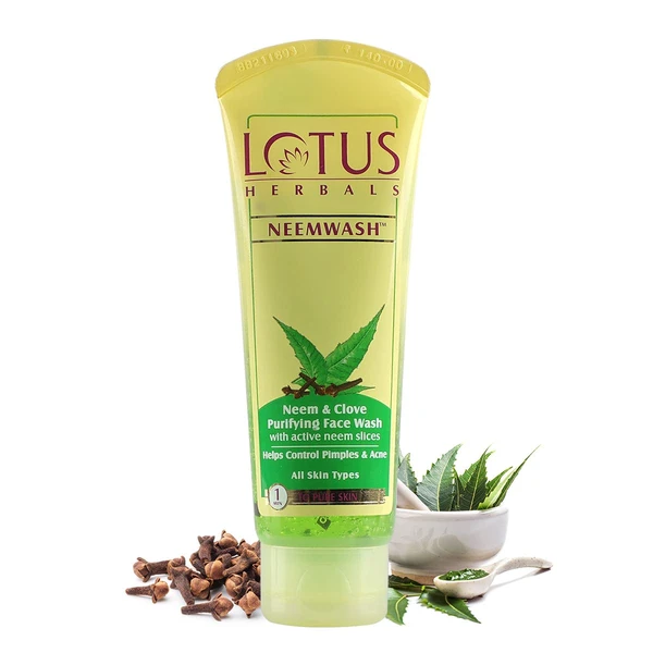 Lotus Herbals NeemWash, Neem and Clove Purifying Face Wash with Active Neem Slices, 120g