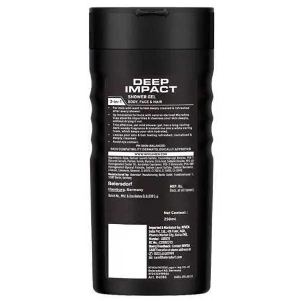 Nivea Men Deep Impact Shower Gel - 3-in-1, Body, Face & Hair, 250 ml