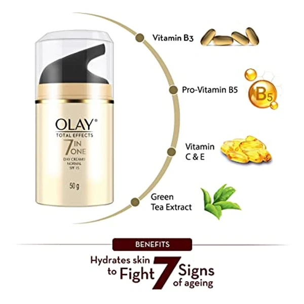 Olay Total Effects Day Cream With Vitamin B5, Niacinamide, Green Tea, Spf 15 Fights With Uv Protection For Normal, Dry, Oily &amp; Combination Skin, 50 Gm