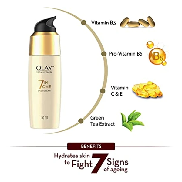 Olay Total Effects Serum |With Vitamin C, B5, Niacinamide, Green Tea |Fights 7 Signs Of Ageing For Glowing, Hydrated And Younger Looking Skin |Suitable For Normal, Dry, Oily &amp; Combination Skin |50 Ml