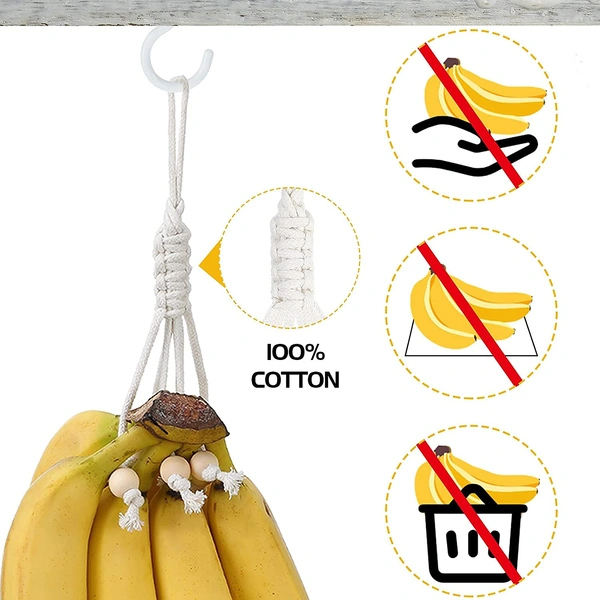 JAZLOG 2 Pieces Banana Holder Banana Hanger Banana Macrame Hanger Banana Hanging Holder Banana Hanging Hammock Banana Hook Under Cabinet Single Banana Holder Hanger for Fruit Home Kitchen - M, White, 249 Gram