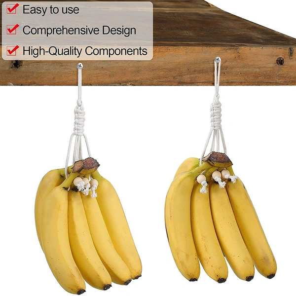 JAZLOG 2 Pieces Banana Holder Banana Hanger Banana Macrame Hanger Banana Hanging Holder Banana Hanging Hammock Banana Hook Under Cabinet Single Banana Holder Hanger for Fruit Home Kitchen - M, White, 249 Gram