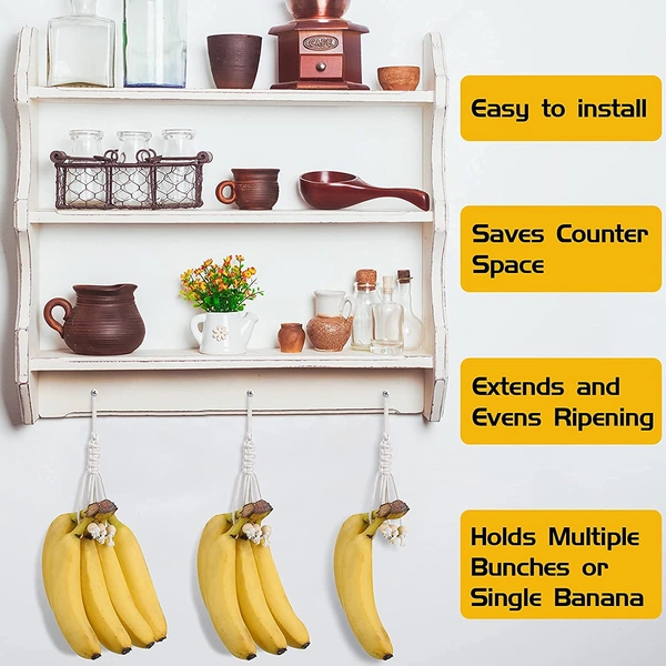 JAZLOG 2 Pieces Banana Holder Banana Hanger Banana Macrame Hanger Banana Hanging Holder Banana Hanging Hammock Banana Hook Under Cabinet Single Banana Holder Hanger for Fruit Home Kitchen - M, White, 249 Gram