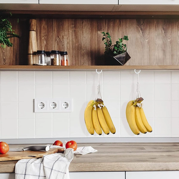 JAZLOG 2 Pieces Banana Holder Banana Hanger Banana Macrame Hanger Banana Hanging Holder Banana Hanging Hammock Banana Hook Under Cabinet Single Banana Holder Hanger for Fruit Home Kitchen - M, White, 249 Gram
