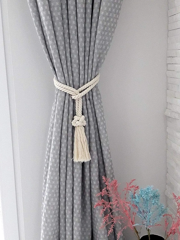JAZLOG MAKNGRID Tie Backs, Cotton Striped Tie Back, Holdback, Rustic Nautical, Macrame Rope Curtain Window Accessories, Holdback Rustic (White, Medium) - M, Off White, 249 Gram