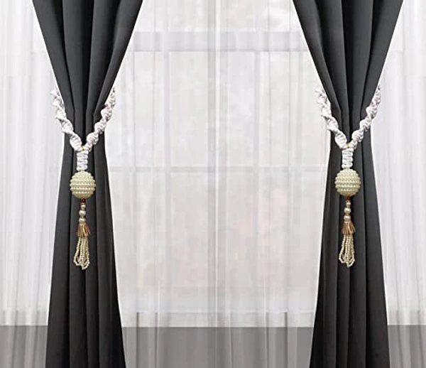 JAZLOG 2Pcs Curtain Tiebacks Rope, Pearl Desing Curtain Tie-Backs Decorative Holdbacks Rope for Home Decoration Curtain Holders-Silver - M, White, 249 Gram