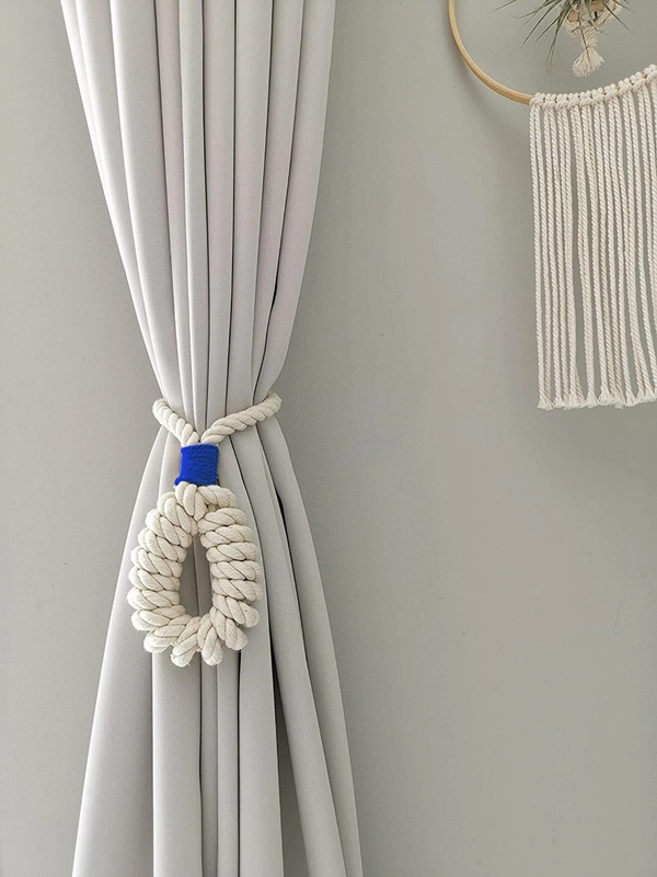 JAZLOG Set of 2 - Macrame Curtain Tieback, Marine, Nautica, Curtain Holder Holdback, Modern Window Treatment, Cotton Curtain D�cor Off White (Pack of 01) - M, Blue, 249 Gram