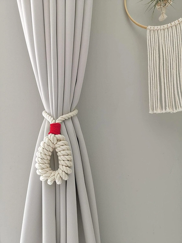 JAZLOG Set of 2 - Macrame Curtain Tieback, Marine, Nautica, Curtain Holder Holdback, Modern Window Treatment, Cotton Curtain D�cor Off White (Pack of 01) - M, Red, 249 Gram