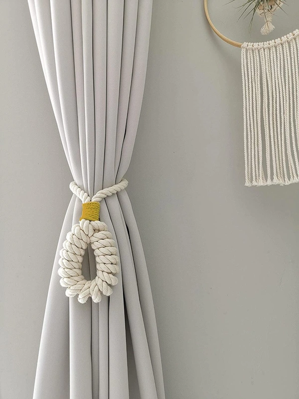 JAZLOG Set of 2 - Macrame Curtain Tieback, Marine, Nautica, Curtain Holder Holdback, Modern Window Treatment, Cotton Curtain D�cor Off White (Pack of 01) - M, Yellow, 249 Gram
