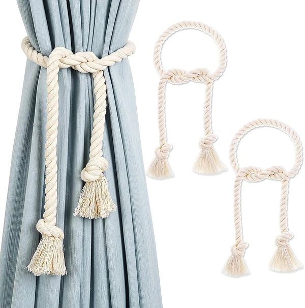 JAZLOG Cotton Striped Curtain Tiebacks Window Sheer Decorative Holdbacks, Beige White, Pack of 2 - M, Off White, 249 Gram