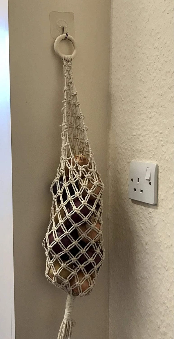 JAZLOG Cotton Wall Hanging Macrame Boho Basket for Potato - Small, Off White, 249 Gram