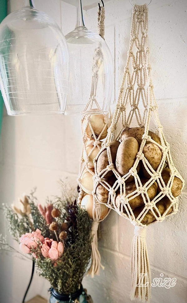 JAZLOG Cotton Wall Hanging Macrame Boho Basket for Potato - Large, Off White, 249 Gram