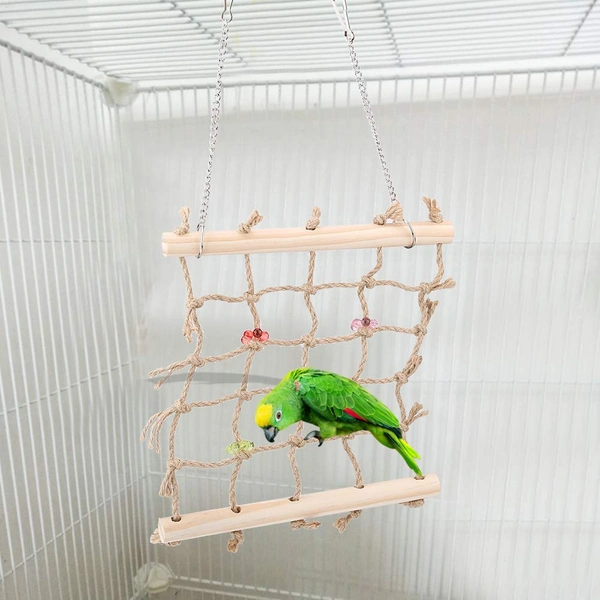 JAZLOG Bird Swing Climbing Ladder Colorful Pet Bird Parrot Chew Toy Rope Hammock Wooden Hanging Cage Toys Pet Supplies for Macaw African Greys Cockatoo Budgies Parakeet Cockatiel - M, Off White, 249 Gram