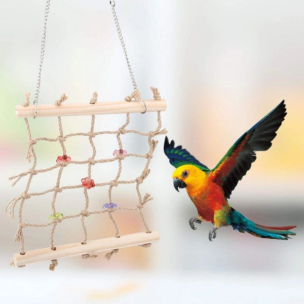 JAZLOG Bird Swing Climbing Ladder Colorful Pet Bird Parrot Chew Toy Rope Hammock Wooden Hanging Cage Toys Pet Supplies for Macaw African Greys Cockatoo Budgies Parakeet Cockatiel - M, Off White, 249 Gram