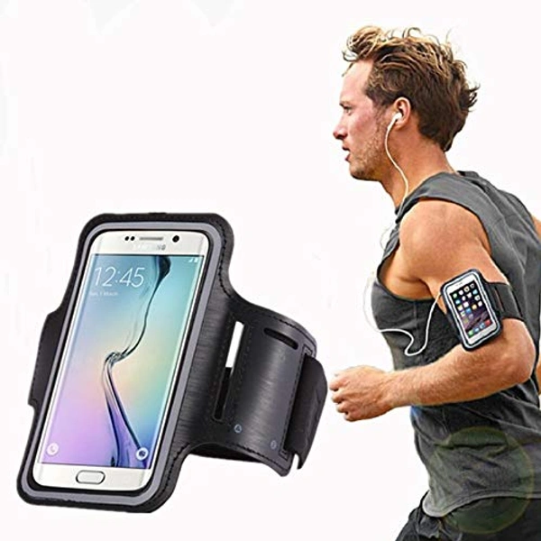 JAZLOG MAKNGRID Water Resistant Cell Phone Armband Case for Smartphones with Adjustable Elastic Band & Key Holder for Running, Walking, Hiking - M, Black, 249 Gram