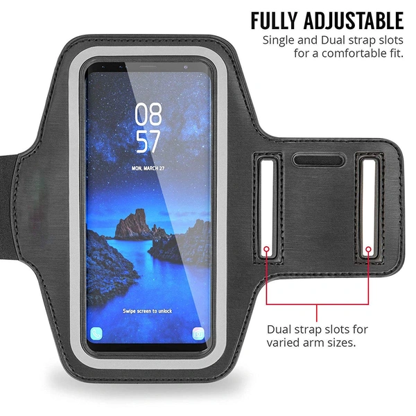 JAZLOG MAKNGRID Water Resistant Cell Phone Armband Case for Smartphones with Adjustable Elastic Band & Key Holder for Running, Walking, Hiking - M, Black, 249 Gram