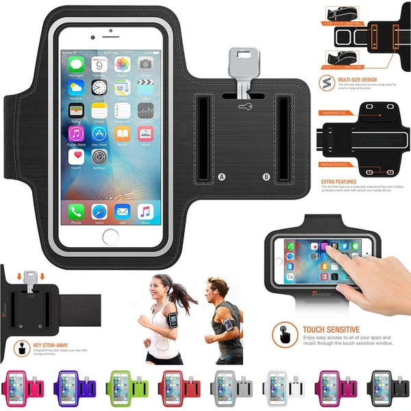 JAZLOG MAKNGRID Water Resistant Cell Phone Armband Case for Smartphones with Adjustable Elastic Band & Key Holder for Running, Walking, Hiking - M, Black, 249 Gram