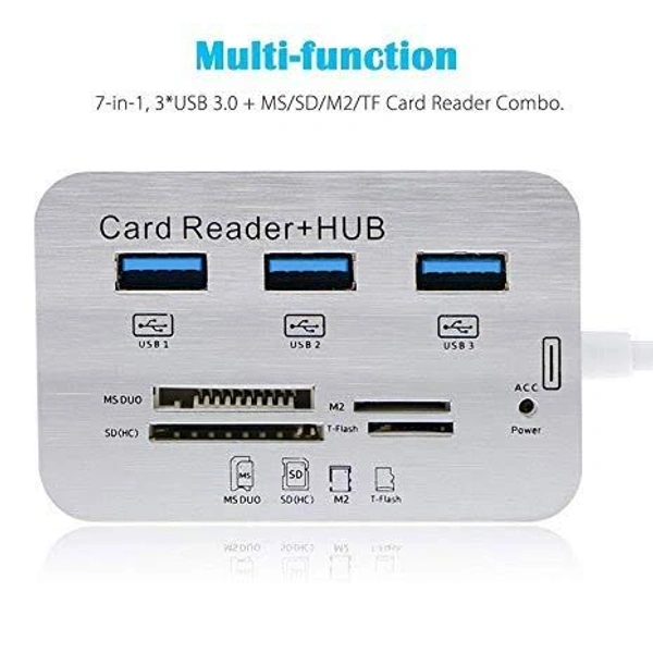 JAZLOG Card Reader and 3 Ports USB Hub, High Speed External Memory Card Reader (MS, Micro SD,SD/MMC,M2,TF Card), White. - M, White, 249 Gram