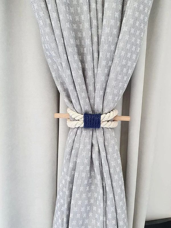 JAZLOG Curtain Tieback-Shabby Chic Ties-Nautical Decor-Natural Cotton Curtain Rope Tie Back Decorative Modern - Brown Rope -Wooden Pin | Pack of 02 - M, Blue, 249 Gram