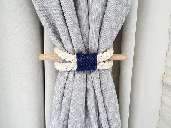 JAZLOG Curtain Tieback-Shabby Chic Ties-Nautical Decor-Natural Cotton Curtain Rope Tie Back Decorative Modern - Brown Rope -Wooden Pin | Pack of 02 - M, Blue, 249 Gram