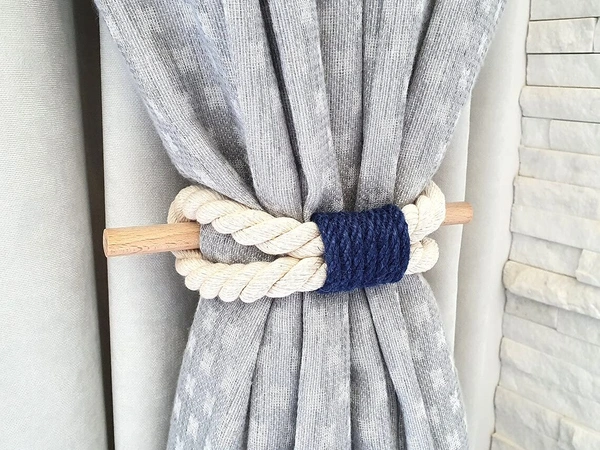 JAZLOG Curtain Tieback-Shabby Chic Ties-Nautical Decor-Natural Cotton Curtain Rope Tie Back Decorative Modern - Brown Rope -Wooden Pin | Pack of 02 - M, Blue, 249 Gram