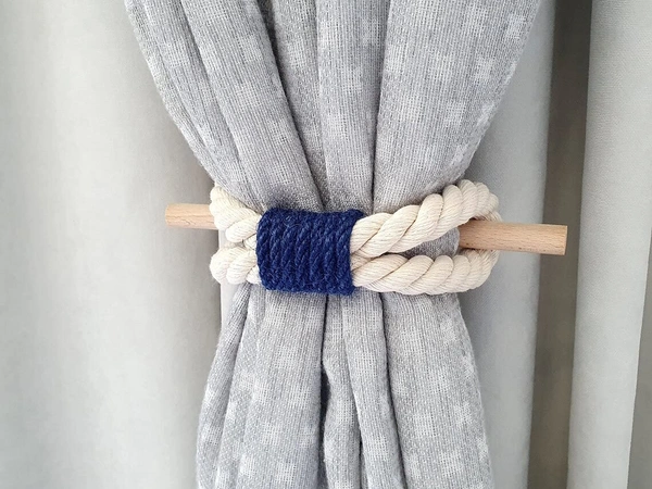 JAZLOG Curtain Tieback-Shabby Chic Ties-Nautical Decor-Natural Cotton Curtain Rope Tie Back Decorative Modern - Brown Rope -Wooden Pin | Pack of 02 - M, Blue, 249 Gram