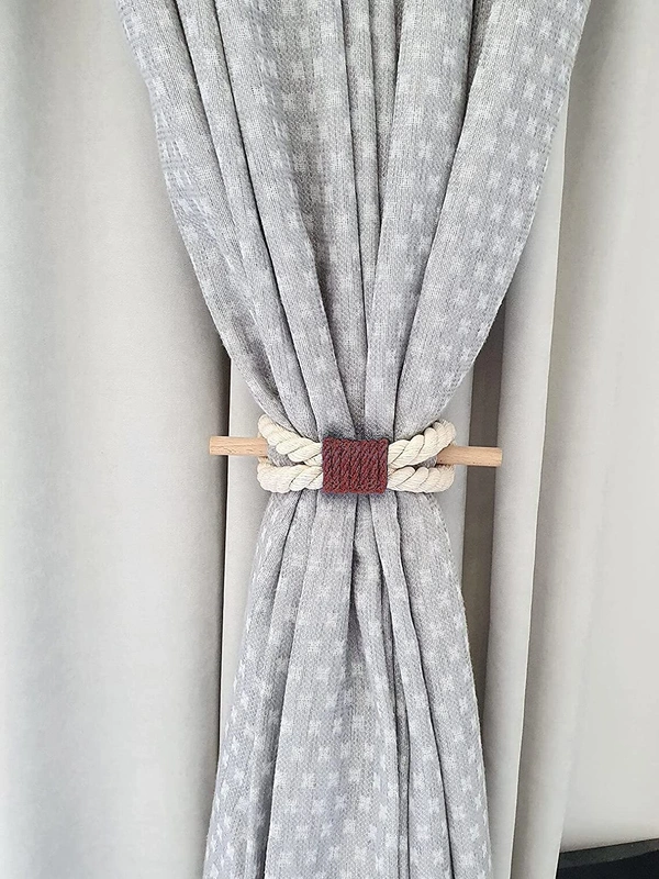 JAZLOG Curtain Tieback-Shabby Chic Ties-Nautical Decor-Natural Cotton Curtain Rope Tie Back Decorative Modern - Brown Rope -Wooden Pin | Pack of 02 - M, Brown, 249 Gram