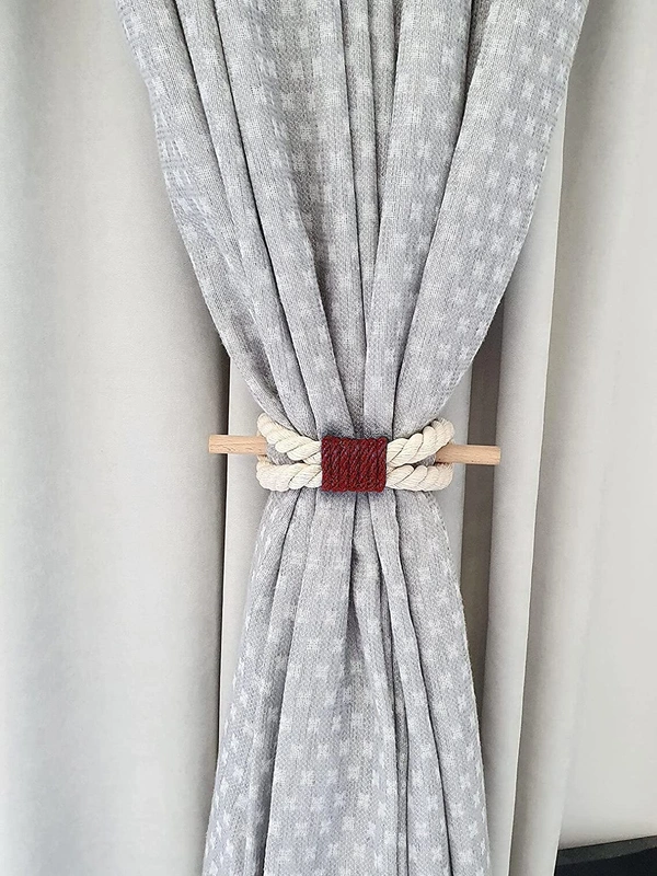 JAZLOG Curtain Tieback-Shabby Chic Ties-Nautical Decor-Natural Cotton Curtain Rope Tie Back Decorative Modern - Brown Rope -Wooden Pin | Pack of 02 - M, Red, 249 Gram