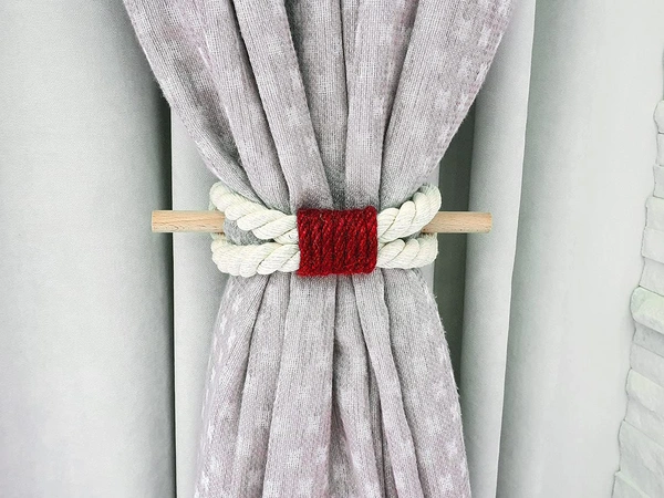JAZLOG Curtain Tieback-Shabby Chic Ties-Nautical Decor-Natural Cotton Curtain Rope Tie Back Decorative Modern - Brown Rope -Wooden Pin | Pack of 02 - M, Red, 249 Gram