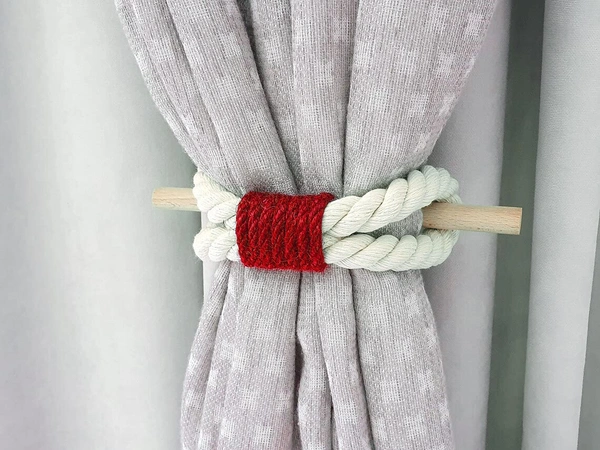 JAZLOG Curtain Tieback-Shabby Chic Ties-Nautical Decor-Natural Cotton Curtain Rope Tie Back Decorative Modern - Brown Rope -Wooden Pin | Pack of 02 - M, Red, 249 Gram